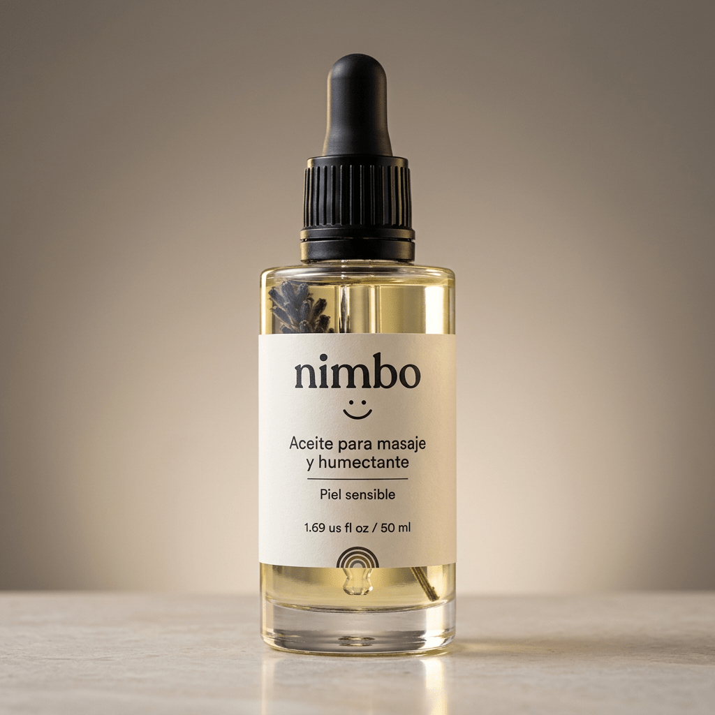 
                  
                    Aceite facial de masaje y humectante Nimbo para piel sensible con lavanda y escualano en frasco de 50ml.
                  
                