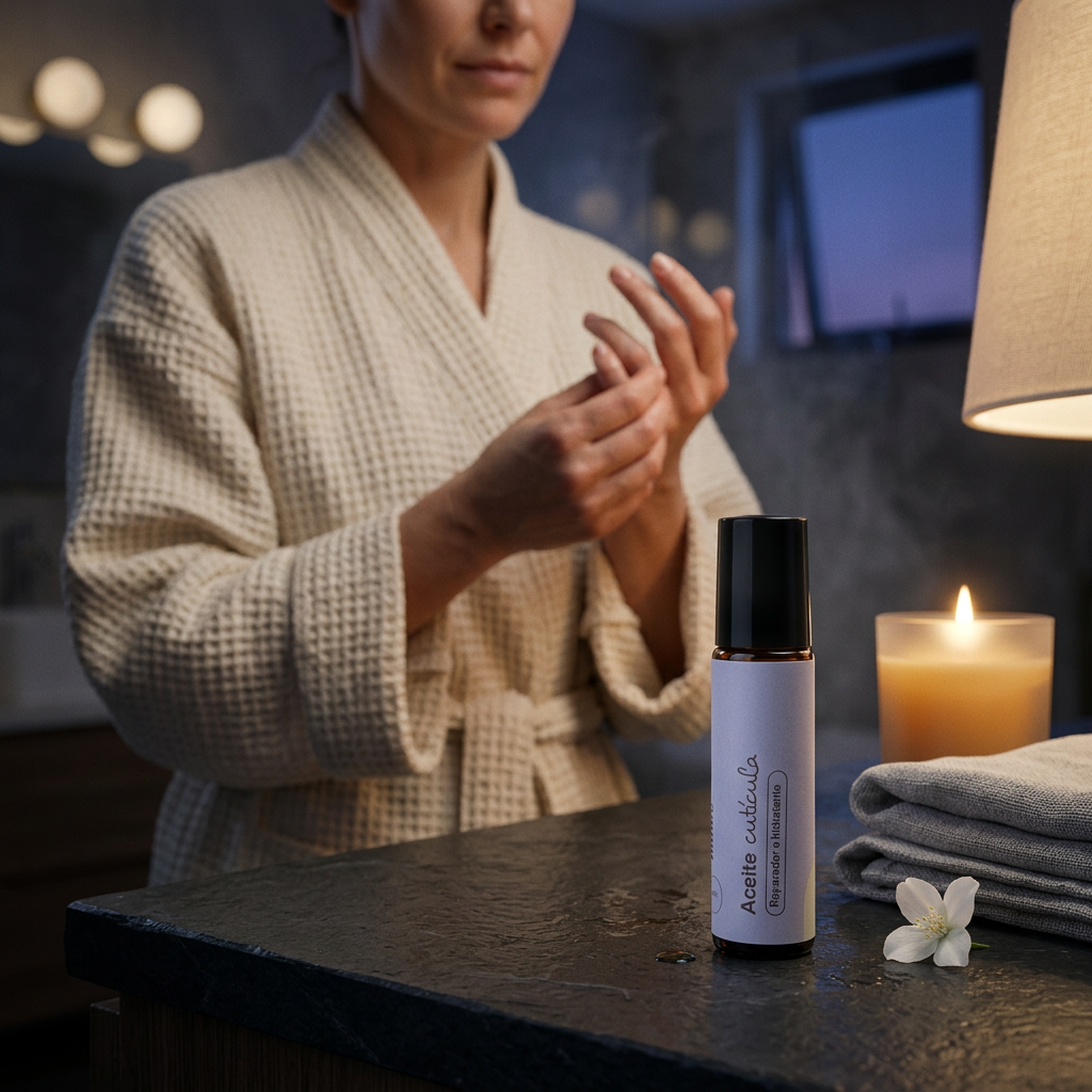 
                  
                    Mujer en bata aplica el Aceite de Cutícula Roll-On NIMBO, con vela y flor, para un ritual de suavidad nocturno.
                  
                